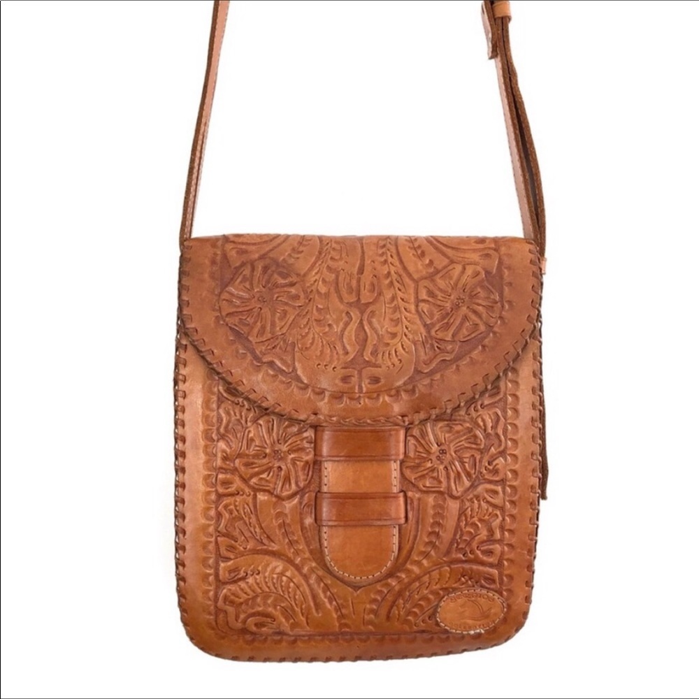 Vintage Tooled Bag Crossbody Leather Brown